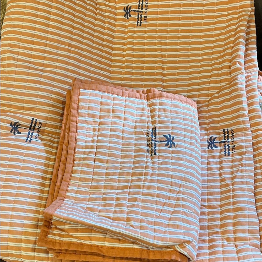 Life Is Good Orange and White Striped Quilt